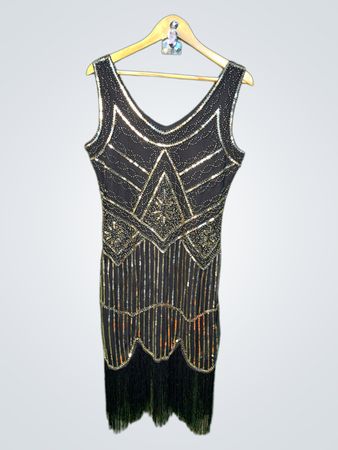Black sequined flapper dress with fringe