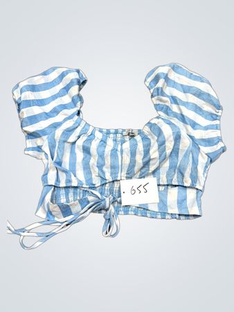 GESCHICHTE ÜBER Blau-weiß gestreiftes, gerafftes Cropped-Top mit Bindeband