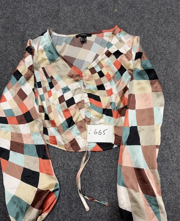 FOREVER 21 Geometric Print geraffte Langarm-Bluse mit Kordelzug