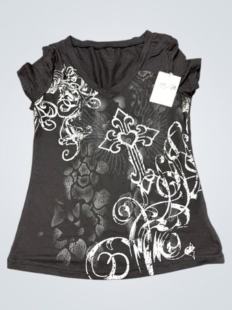 ROMWE Schwarzes V‑Ausschnitt-T-Shirt mit Grafikdruck