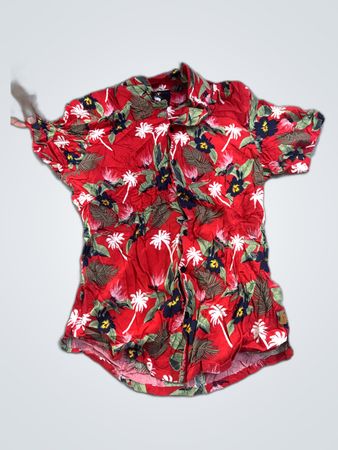 Red Hawaiian Print Button-Up Shirt