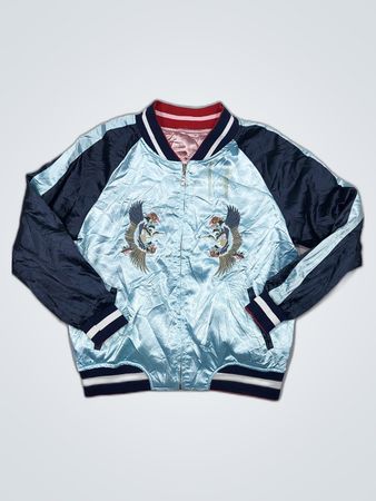 Light Blue Satin Bomber Jacket with Crane Design