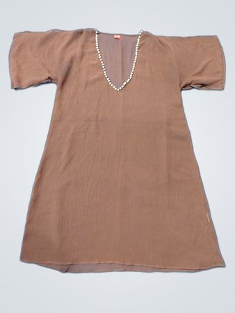 Brown Blouse with Pearl Necklace