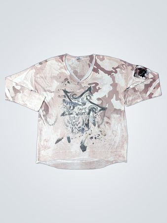 Belle Femme Graphic Camo V-Neck Long Sleeve Top