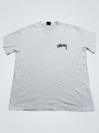 Stussy International White T-Shirt with Skeleton Hand and Playing Cards Graphic
