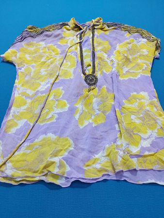 ANTIK BATIK Damen Lila Gelb Blumenmuster Perlen bestickte Tunika
