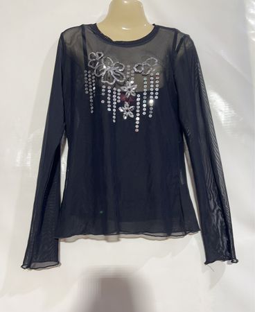 Schwarzes Mesh-Top mit langen Ärmeln und Pailletten-Blumendetail