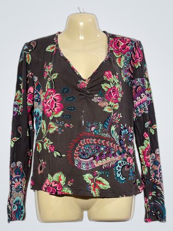 Langärmeliges V-Ausschnitt-Top mit Blumenmuster