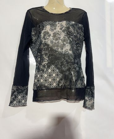 Zatcha Paris Schwarzes transparentes Mesh-Oberteil mit floralem Print und langen Ärmeln