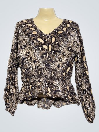 ANGIE Damen Bluse mit Schlangenmuster, langen Ärmeln und Peplum-Saum