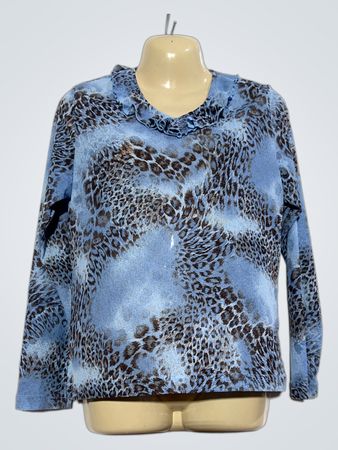 Scottage Blue Leopardenmuster Langarmtop mit Rüschenkragen