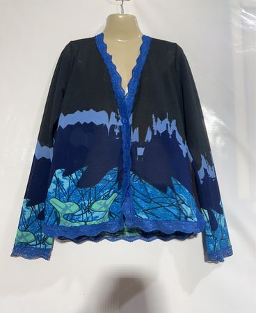 L.O.O.K. PARIS Blaue und schwarze Spitzenbesatz-Strickjacke