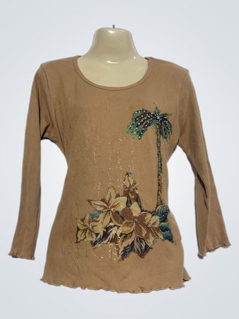 Jacqueline Riu Brown Langarmtop mit Palmen- und Blumenmuster