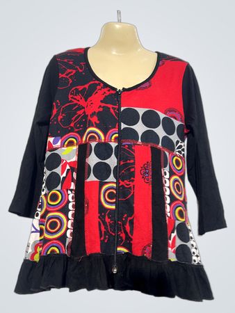 PATRICE BREAL Damen Patchwork Reißverschluss vorne Rüschensaum Oberteil Größe 2
