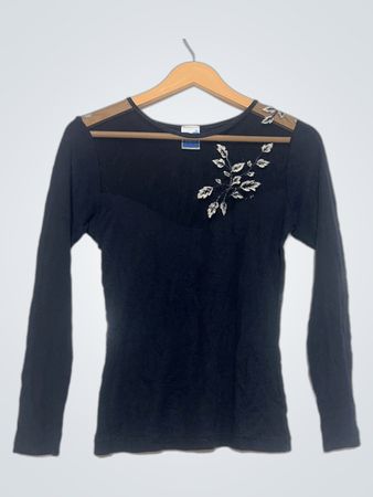 Infil Prova 1920 Schwarzes Langarmhemd mit Blattstickerei