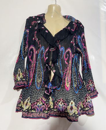 Boteli Black Paisley Print Sheer Ruffle Blouse