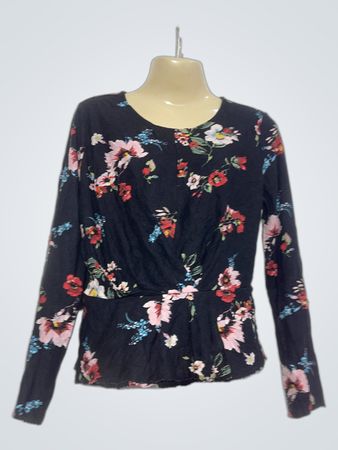 Schwarzes florales Langarm-Peplum-Oberteil
