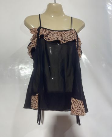 Schwarzes transparentes Babydoll mit Leopardenmuster-Besatz