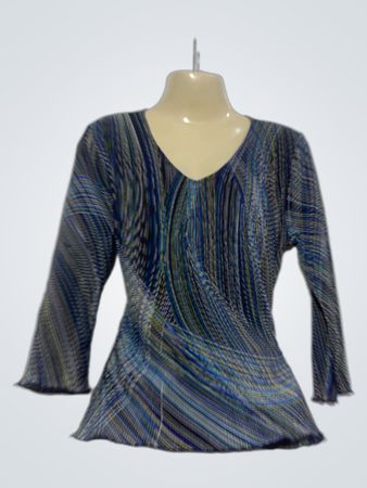 Un Deux Trois Blue & Green gestreifte V-Ausschnitt-Bluse mit langen Ärmeln