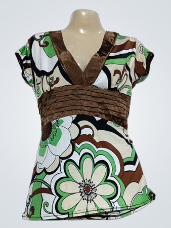 SO Kitsch Damen Braun Grün Blumenmuster Kurzarm V-Ausschnitt Top