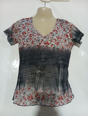 Floral-Print-Oberteil mit Denim-Design und rückenfreiem Trägerdetail