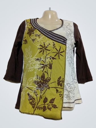 Damen-T-Shirt mit braunem und grünem Blumenmuster