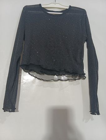 Schwarzes Netz-Glitzer-Oberteil mit langen Ärmeln