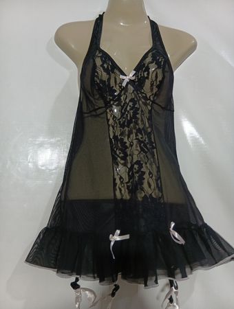 Schwarzes Spitzen-Babydoll mit Schleifen