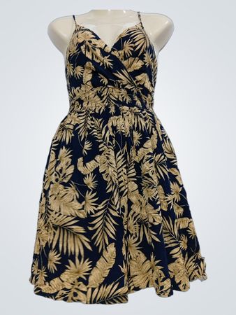 MISS SARA FASHION Navy Blue Tropical Print Smocked Dress