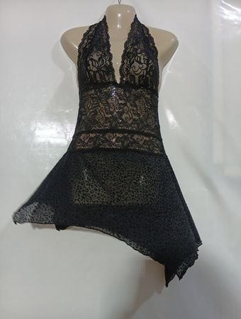 Schwarze Spitzen-Halter-Chemise mit Leopardenmuster-Overlay