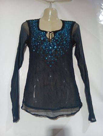 ANTIK BATIK Blaues Paillettenverziertes, durchsichtiges Langarm-Oberteil