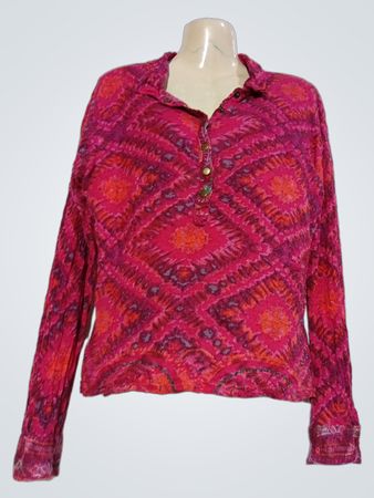 Lili Soon la Fiancée du Mekong Damengröße 40 rosa Batikdruck Bluse mit Kragen, Knopfleiste und langen Ärmeln