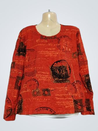 PATRICE BREAL Orange Briefmarken-Print Langarmtop