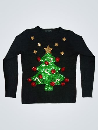 Schwarzer Weihnachtsbaum-Paillettenpullover