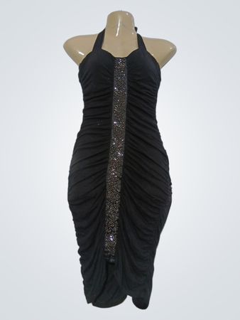 Schwarzes gerafftes Neckholder-Kleid mit verzierter Vorderseite