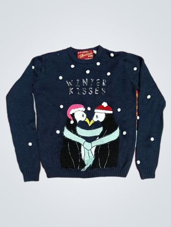 Navyblauer "Winter Kisses" Weihnachtspullover mit Pinguinen