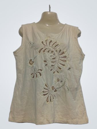 Beiges ärmelloses Top mit Blumenverzierung