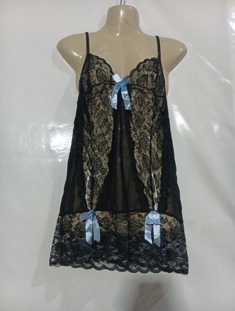 Schwarzes Spitzen-Babydoll mit blauen Schleifen