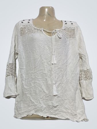 Weiße K Damen-Tunika mit Quasten und Häkel-Details