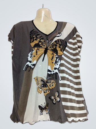 Braun-weiß gestreiftes T-Shirt mit Schmetterlingsdruck