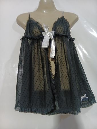 KEINE AUSREDE schwarzes gepunktetes Mesh-Babydoll mit Schleifendetail