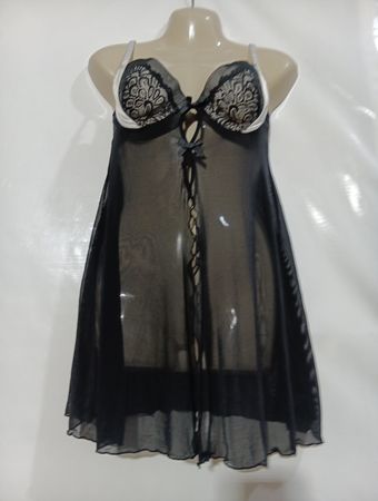 Schwarzes transparentes Babydoll mit Spitzenverzierung