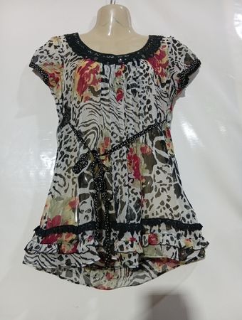 Transparente Bluse mit Tier- und Blumenmuster und Volant-Saum
