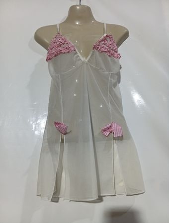 Weiße transparente Chemise mit rosa Vichy-Karo-Besatz