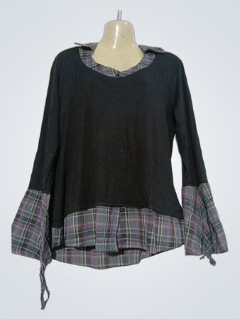 St.Maman Damen Oberteil mit langen Ärmeln und Karo-Besatz