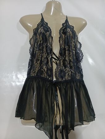 Schwarzes Spitzenbesatz-transparentes Babydoll mit Bindendetail