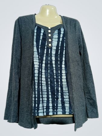 Gray Cardigan with Blue Tie-Dye Print Top