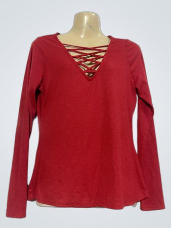Pimkie Red Ribbed Lace-Up Long-Sleeve Top