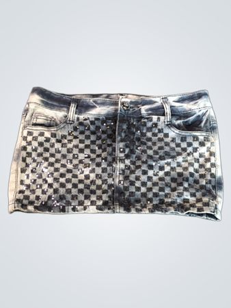 Denim Skirt with Sequin Checkered Pattern