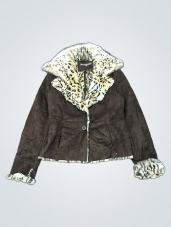 BANDOLINO Jaqueta Feminina Marrom de Suede Sintético com Estampa de Leopardo e Detalhes em Pêlo Sintético